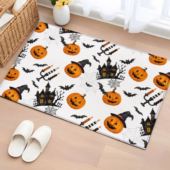 Area Rug 2x3ft, Halloween Pumpkin Haunted Castle Washable Rugs for Living Room Bedroom, Spooky Bat Seamless Soft Non-slip Area Rugs Rectangle Floor Carpet for Dining Room