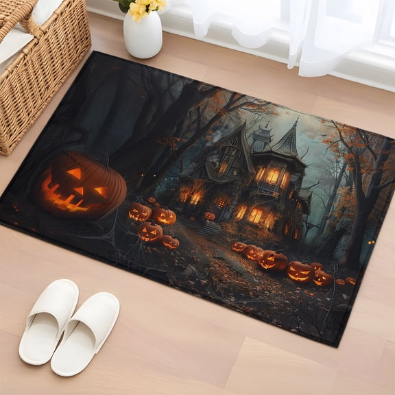 Area Rug 2x3ft, Halloween Scary House Pumpkin Ghost Washable Rugs for Living Room Bedroom, Horror Night Forest Soft Non-slip Area Rugs Rectangle Floor Carpet for Dining Room