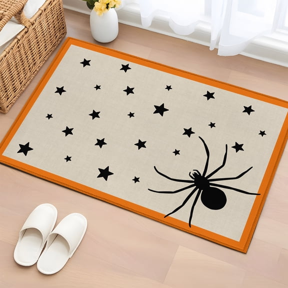 Area Rug 2x3ft Halloween Spiders- Stars Black Shadow Area Rugs Washable Low Pile Floor Carpet for Bedroom, Orange Border Cartoon Animal Non Slip Soft Rugs for Living Room Entryway Dining Room