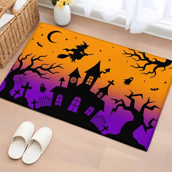 Area Rug 2x3ft, Halloween Witch Ghost Castle Washable Rugs for Living Room Bedroom, Orange Purple Gradient Soft Non-slip Area Rugs Rectangle Floor Carpet for Dining Room