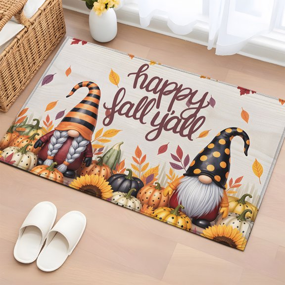 Area Rug 2x3ft, Happy Fall Yall Gnome Maple Leaves Washable Rugs for Living Room Bedroom, Retro Orange Pumpkin Soft Non-slip Area Rugs Rectangle Floor Carpet for Dining Room