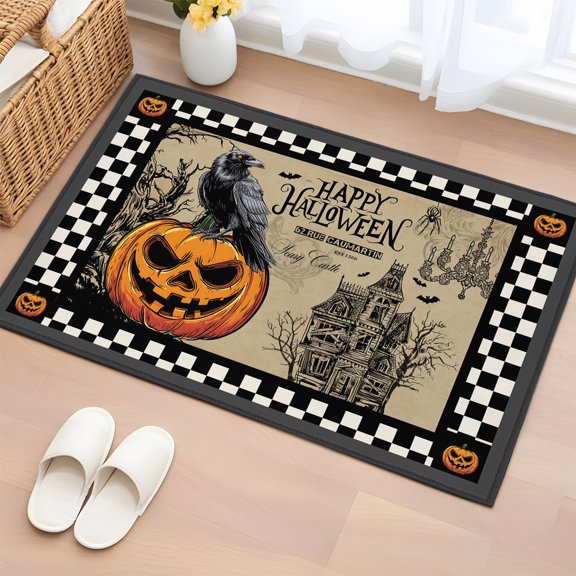 Area Rug 2x3ft, Happy Halloween Crow Pumpkin Retro Castle Washable Rugs for Living Room Bedroom, Bat Black White Lattice Soft Non-slip Area Rugs Rectangle Floor Carpet for Dining Room