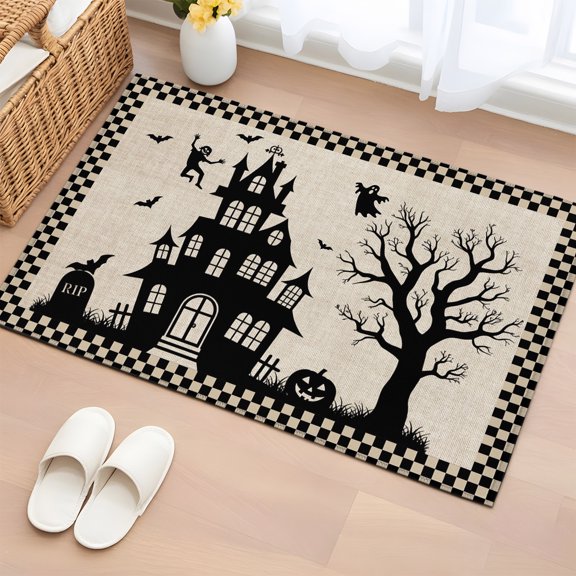 Area Rug 2x3ft, Happy Halloween Haunted Castle Dead Trees Pumpkin Ghost Washable Rugs for Living Room Bedroom, Retro Black Check Soft Non-slip Area Rugs Rectangle Floor Carpet for Dining Room
