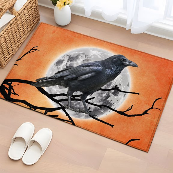 Area Rug 2x3ft, Happy Halloween Horror Crow Moon Washable Rugs for Living Room Bedroom, Black Branch Orange Gradient Soft Non-slip Area Rugs Rectangle Floor Carpet for Dining Room