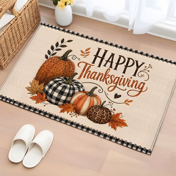 Area Rug 2x3ft, Happy Thanksgving Words Washable Rugs for Living Room Bedroom, Leopard Patterned Pumpkin Soft Non-slip Area Rugs Rectangle Floor Carpet for Dining Room