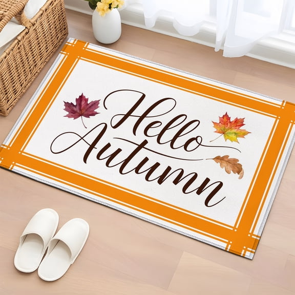 Area Rug 2x3ft Hello Autumn Maple Leaves Area Rugs Washable Low Pile Floor Carpet for Bedroom, Fall Orange Stripe Non Slip Soft Rugs for Living Room Entryway Dining Room