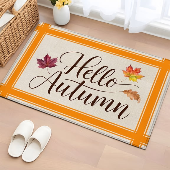 Area Rug 2x3ft Hello Autumn Maple Leaves Area Rugs Washable Low Pile Floor Carpet for Bedroom, Orange Stripes Retro Linen Non Slip Soft Rugs for Living Room Entryway Dining Room