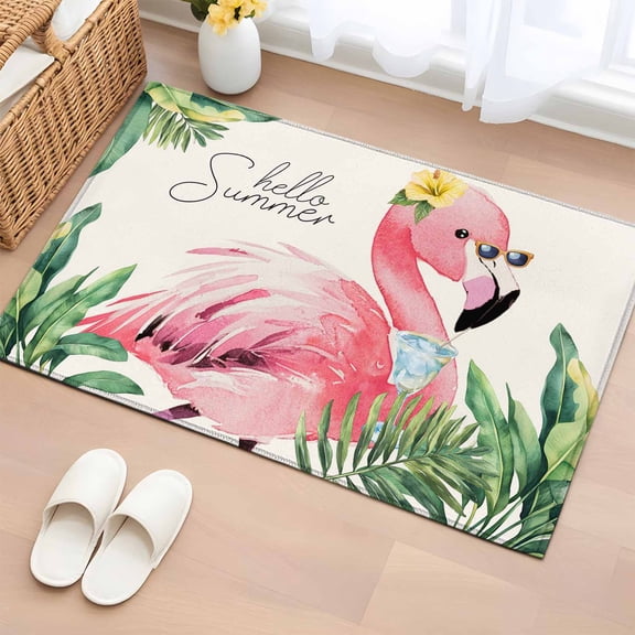Area Rug 2x3ft Hello Summer Pink Flamingo Area Rugs Washable Low Pile Floor Carpet for Bedroom, Tropical Palm Leaf Flower Non Slip Soft Rugs for Living Room Entryway Dining Room