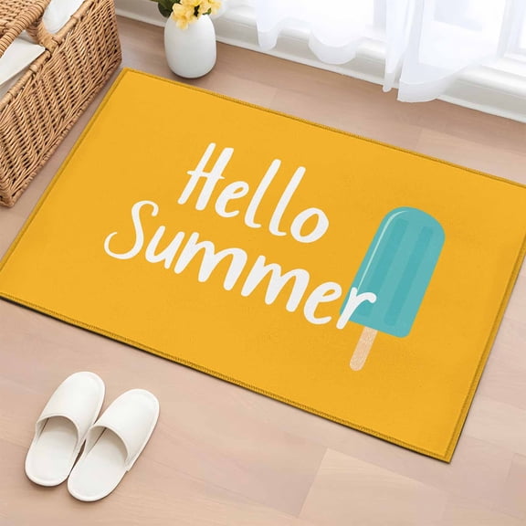 Area Rug 2x3ft, Hello Summer Text Ice Cream on Orange Washable Rugs for Living Room Bedroom, Seasonal Holiday Theme Soft Non-slip Area Rugs Rectangle Floor Carpet for Dining Room