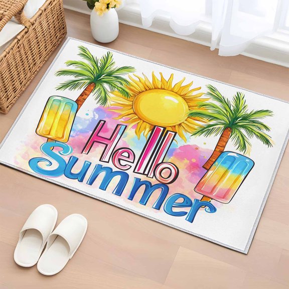 Area Rug 2x3ft Hello Summer Text Sun Palm Tree Area Rugs Washable Low Pile Floor Carpet for Bedroom, Colorful Ocean Seaside Theme Non Slip Soft Rugs for Living Room Entryway Dining Room