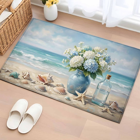 Area Rug 2x3ft, Hydrangea Flower Beach Seashell Starfish Washable Rugs for Living Room Bedroom, Blue Gradient Soft Non-slip Area Rugs Rectangle Floor Carpet for Dining Room