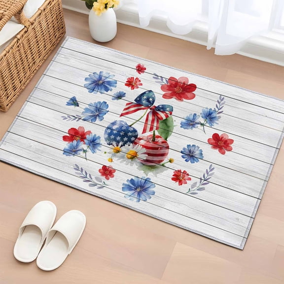 Area Rug 2x3ft Independence Day Cherries Area Rugs Washable Low Pile Floor Carpet for Bedroom, Red Blue Flowers on Wood Non Slip Soft Rugs for Living Room Entryway Dining Room
