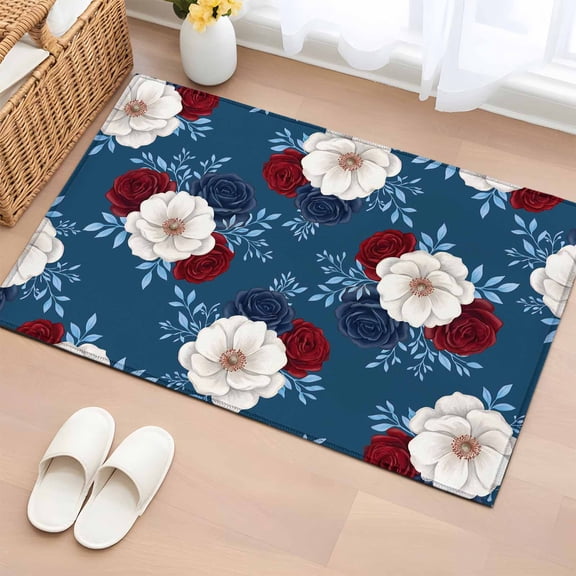 Area Rug 2x3ft Independence Day Floral Area Rugs Washable Low Pile Floor Carpet for Bedroom, Red White Blue Roses Pattern Non Slip Soft Rugs for Living Room Entryway Dining Room
