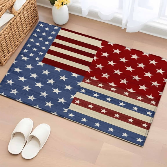 Area Rug 2x3ft Independence Day Patriotic USA Flag Area Rugs Washable Low Pile Floor Carpet for Bedroom, Blue Red Stars Stripes Non Slip Soft Rugs for Living Room Entryway Dining Room