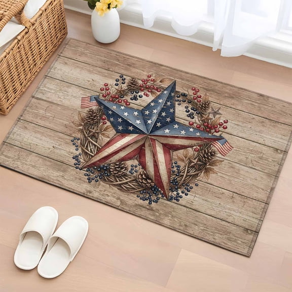 Area Rug 2x3ft Independence Day USA Flag Star Area Rugs Washable Low Pile Floor Carpet for Bedroom, Farm Wood Background Non Slip Soft Rugs for Living Room Entryway Dining Room