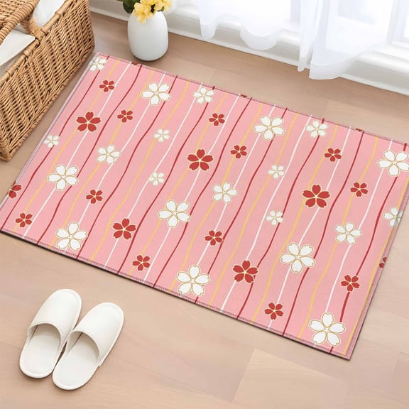 Area Rug 2x3ft Japanese Cherry Blossoms Area Rugs Washable Low Pile Floor Carpet for Bedroom, Pastel Pink White Striped Non Slip Soft Rugs for Living Room Entryway Dining Room