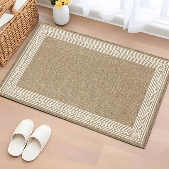 Area Rug 2x3ft Key Design Vintage Light Brown Area Rugs Washable Low Pile Floor Carpet for Bedroom, Greece Inspired Pattern Flax Non Slip Soft Rugs for Living Room Entryway Dining Room