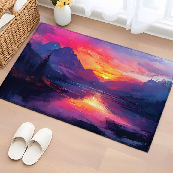 Area Rug 2x3ft Lake Reflection Landscape Area Rugs Washable Low Pile Floor Carpet for Bedroom, Mountain Peaks Sunset Non Slip Soft Rugs for Living Room Entryway Dining Room