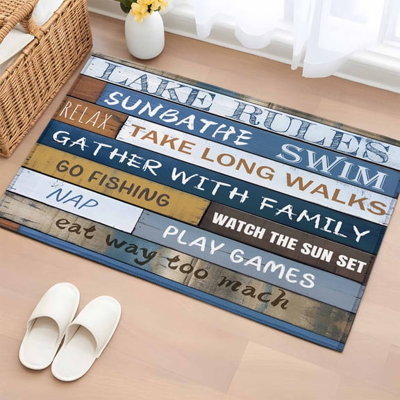 Area Rug 2x3ft, Lake Rules Farm Blue Wood Board Washable Rugs for Living Room Bedroom, Quote Wooden Grain Soft Non-slip Area Rugs Rectangle Floor Carpet for Dining Room