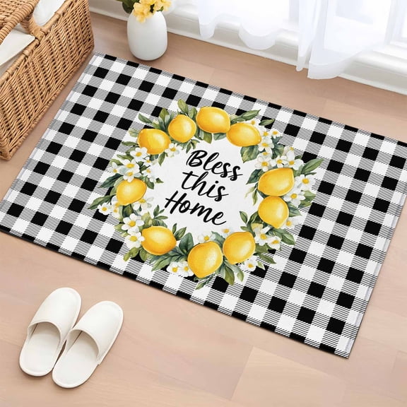 Area Rug 2x3ft Lemon Fruit Floral Black White Buffalo Area Rugs Washable Low Pile Floor Carpet for Bedroom, Farmhouse Rustic Theme Non Slip Soft Rugs for Living Room Entryway Dining Room