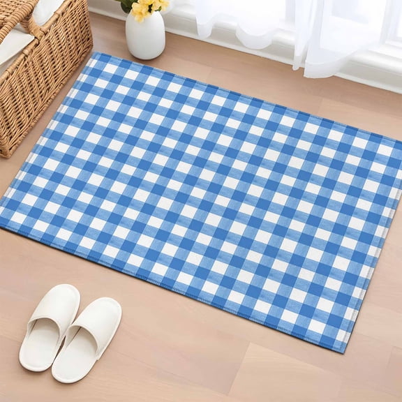 Area Rug 2x3ft, Light Blue Gingham Check Washable Rugs for Living Room Bedroom, Country Classic Plaid Soft Non-slip Area Rugs Rectangle Floor Carpet for Dining Room