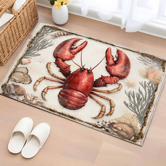 Area Rug 2x3ft Lobster Beach Conch Coral Area Rugs Washable Low Pile Floor Carpet for Bedroom, Summer Ocean Theme Non Slip Soft Rugs for Living Room Entryway Dining Room