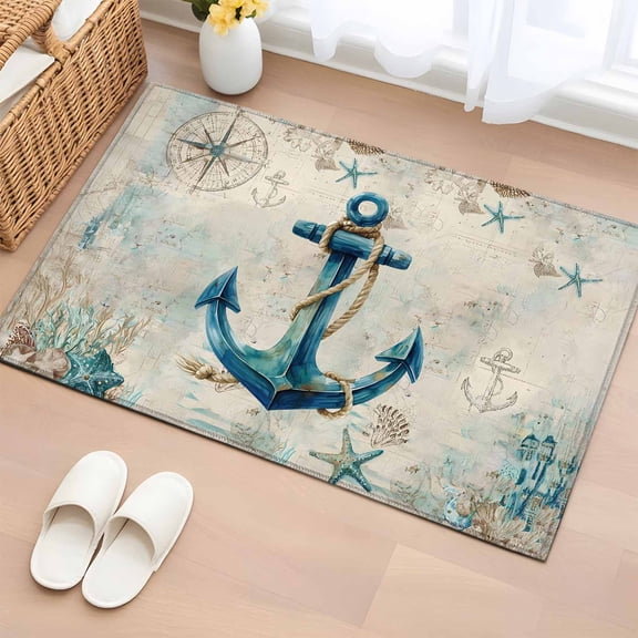 Area Rug 2x3ft, Marine Nautical Sailing Anchor Washable Rugs for Living Room Bedroom, Starfish Compass Coral Shell Soft Non-slip Area Rugs Rectangle Floor Carpet for Dining Room