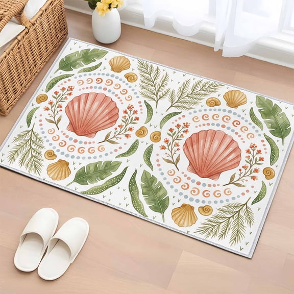 Area Rug 2x3ft, Marine Shell Flower Leaves Washable Rugs for Living Room Bedroom, Watercolor Ocean Conch Plant Soft Non-slip Area Rugs Rectangle Floor Carpet for Dining Room