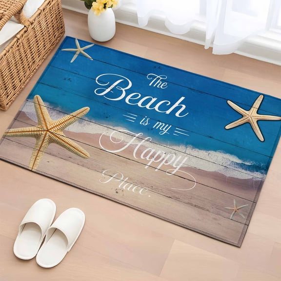 Area Rug 2x3ft Marine Theme Beach Starfish Area Rugs Washable Low Pile Floor Carpet for Bedroom, Happy Place Quote Wooden Plank Non Slip Soft Rugs for Living Room Entryway Dining Room