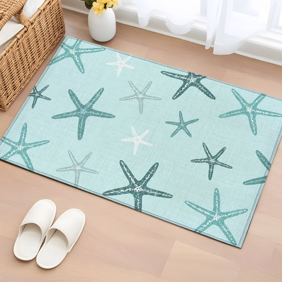 Area Rug 2x3ft Mint Green Ocean Starfish Area Rugs Washable Low Pile Floor Carpet for Bedroom, Summer Coastal Starfish Non Slip Soft Rugs for Living Room Entryway Dining Room