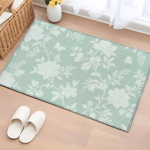 Area Rug 2x3ft Mint Green Rose Pastoral Leaf Area Rugs Washable Low Pile Floor Carpet for Bedroom, Vintage Country Floral Non Slip Soft Rugs for Living Room Entryway Dining Room