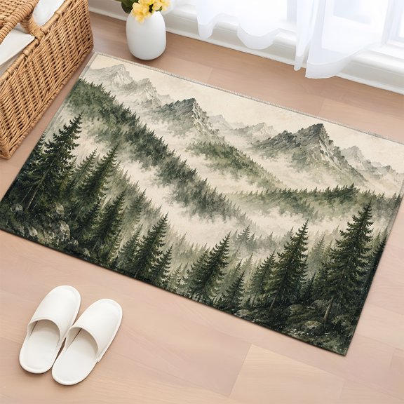 Area Rug 2x3ft Misty Forest Mountain Peaks Area Rugs Washable Low Pile Floor Carpet for Bedroom, Retro Natural Landscape Non Slip Soft Rugs for Living Room Entryway Dining Room