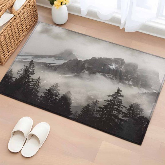 Area Rug 2x3ft Misty Snow Mountains Area Rugs Washable Low Pile Floor Carpet for Bedroom, Forest Landscape Grey Non Slip Soft Rugs for Living Room Entryway Dining Room