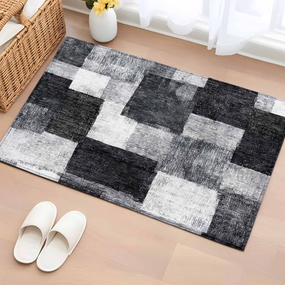 Area Rug 2x3ft, Modern Black Gray White Gradient Washable Rugs for Living Room Bedroom, Abstract Color Block Soft Non-slip Area Rugs Rectangle Floor Carpet for Dining Room