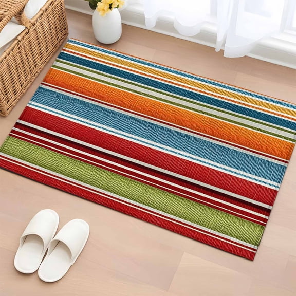 Area Rug 2x3ft, Modern Colorful Stripes Washable Rugs for Living Room Bedroom, Red Green Blue Burlap Texture Soft Non-slip Area Rugs Rectangle Floor Carpet for Dining Room