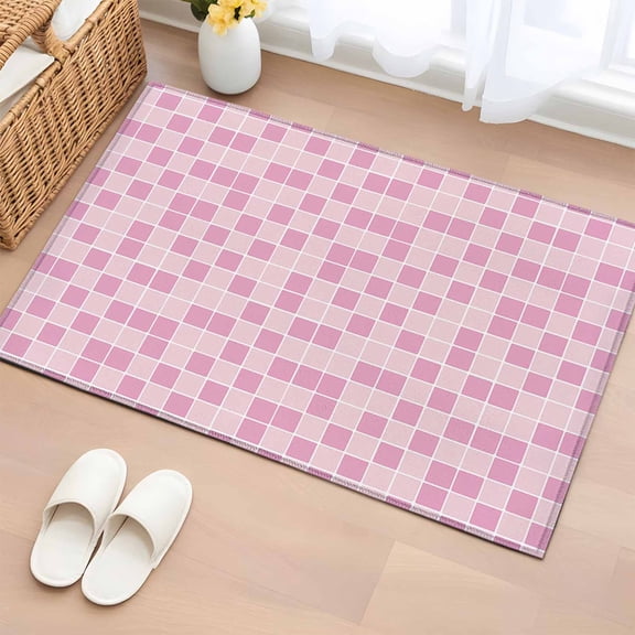 Area Rug 2x3ft Modern Geometric Square Lattice Area Rugs Washable Low Pile Floor Carpet for Bedroom, Pink Buffalo Checker Ombre Non Slip Soft Rugs for Living Room Entryway Dining Room