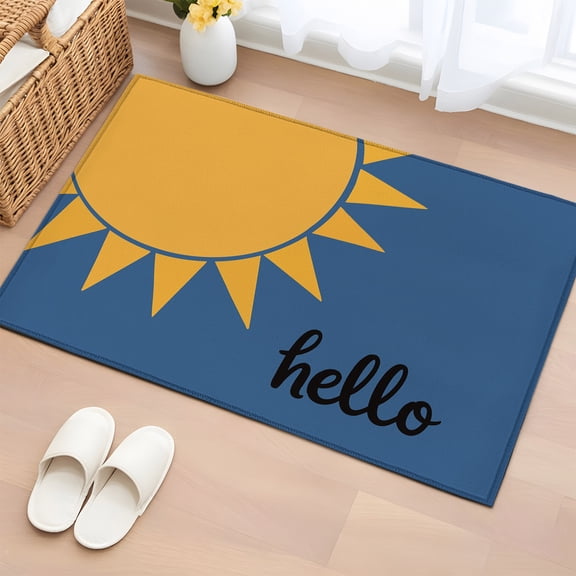 Area Rug 2x3ft Modern Minimalist Sun Yellow Blue Area Rugs Washable Low Pile Floor Carpet for Bedroom, Hello Quote Sunburst Non Slip Soft Rugs for Living Room Entryway Dining Room