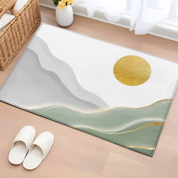 Area Rug 2x3ft Modern Mountain Sunset Scenery Area Rugs Washable Low Pile Floor Carpet for Bedroom, Sage Green Gold Stripe Non Slip Soft Rugs for Living Room Entryway Dining Room