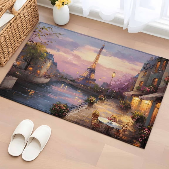 Area Rug 2x3ft Modern Paris Riverfront View Area Rugs Washable Low Pile Floor Carpet for Bedroom, Oil Painting Impressionist Art Non Slip Soft Rugs for Living Room Entryway Dining Room