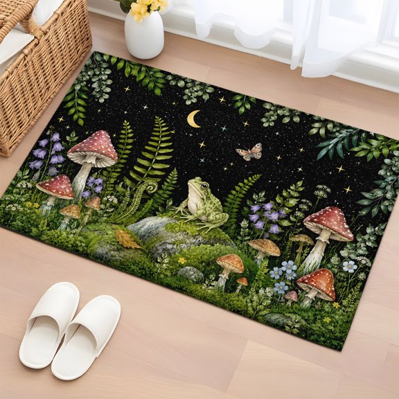Area Rug 2x3ft Moon Star Frog Floor Entryway Rugs Indoor Floor Area Mat Carpets Doormat Entrance Mat for Entry Living Room Kitchen, Mushroom Wildflower Fern Forest Animal Sofa Throw Carpet