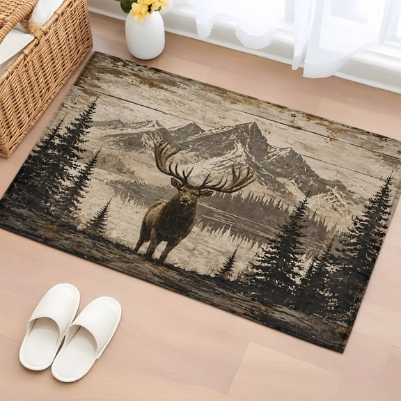 Area Rug 2x3ft, Mountain Pine Tree Elk Washable Rugs for Living Room Bedroom, Rustic Cabin Retro Plank Soft Non-slip Area Rugs Rectangle Floor Carpet for Dining Room