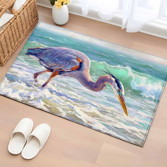 Area Rug 2x3ft, Natural Watercolor Heron Beach Washable Rugs for Living Room Bedroom, Summer Ocean Theme Soft Non-slip Area Rugs Rectangle Floor Carpet for Dining Room