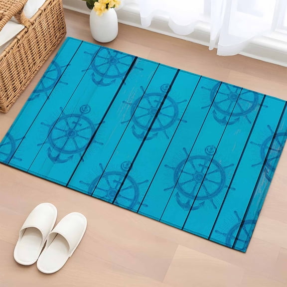 Area Rug 2x3ft Nautical Anchor Blue Plank Area Rugs Washable Low Pile Floor Carpet for Bedroom, Retro Country Wood Grain Non Slip Soft Rugs for Living Room Entryway Dining Room