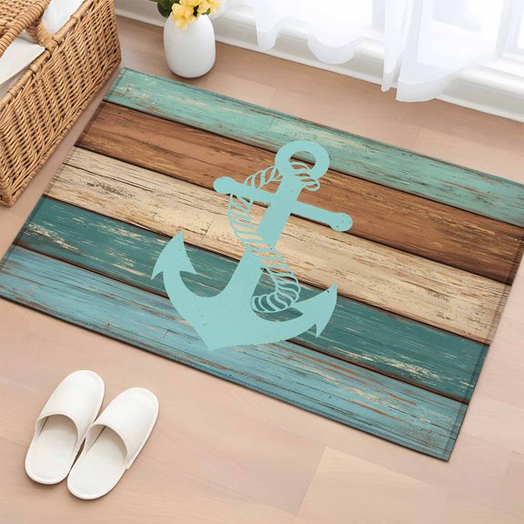 Area Rug 2x3ft Nautical Anchor Farm Wood Board Area Rugs Washable Low Pile Floor Carpet for Bedroom, Gradient Wood Grain Non Slip Soft Rugs for Living Room Entryway Dining Room