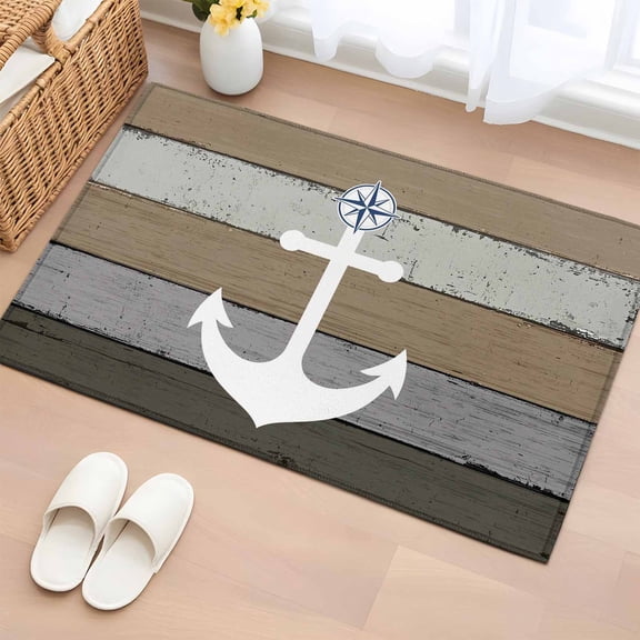 Area Rug 2x3ft, Nautical Anchor Marine Compass Washable Rugs for Living Room Bedroom, Farm Retro Gray Wood Grain Soft Non-slip Area Rugs Rectangle Floor Carpet for Dining Room
