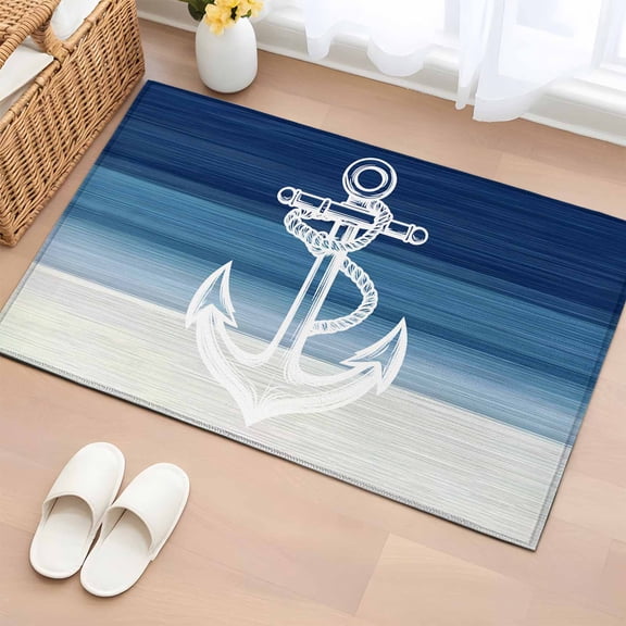 Area Rug 2x3ft Nautical Anchor Navy Blue Gradient Area Rugs Washable Low Pile Floor Carpet for Bedroom, Summer Coastal Nautical Theme Non Slip Soft Rugs for Living Room Entryway Dining Room