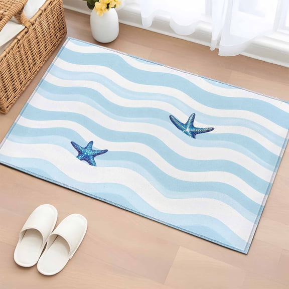 Area Rug 2x3ft, Nautical Blue Ocean Wave Washable Rugs for Living Room Bedroom, Marine Theme Starfish Soft Non-slip Area Rugs Rectangle Floor Carpet for Dining Room