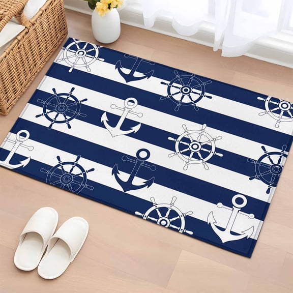 Area Rug 2x3ft, Nautical Compass Anchor Washable Rugs for Living Room Bedroom, Coastal Ocean Navy Blue White Stripe Soft Non-slip Area Rugs Rectangle Floor Carpet for Dining Room