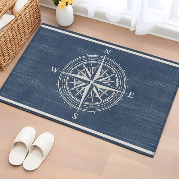Area Rug 2x3ft Nautical Compass on Blue Area Rugs Washable Low Pile Floor Carpet for Bedroom, Vintage Ocean Theme Non Slip Soft Rugs for Living Room Entryway Dining Room