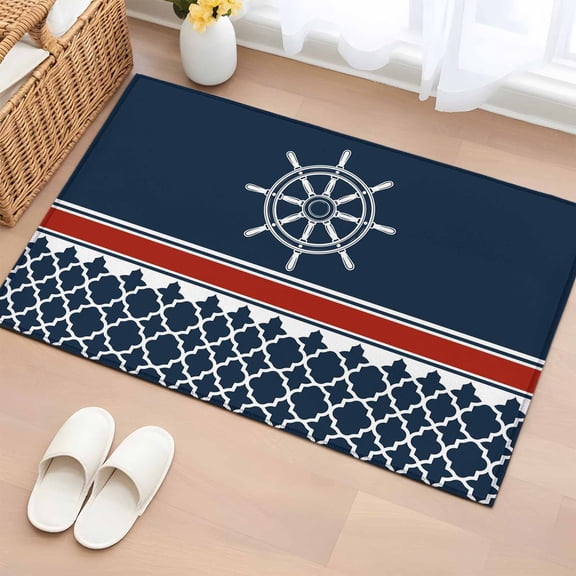 Area Rug 2x3ft, Nautical Compass Retro Geometric Washable Rugs for Living Room Bedroom, Red and White Stripes Soft Non-slip Area Rugs Rectangle Floor Carpet for Dining Room